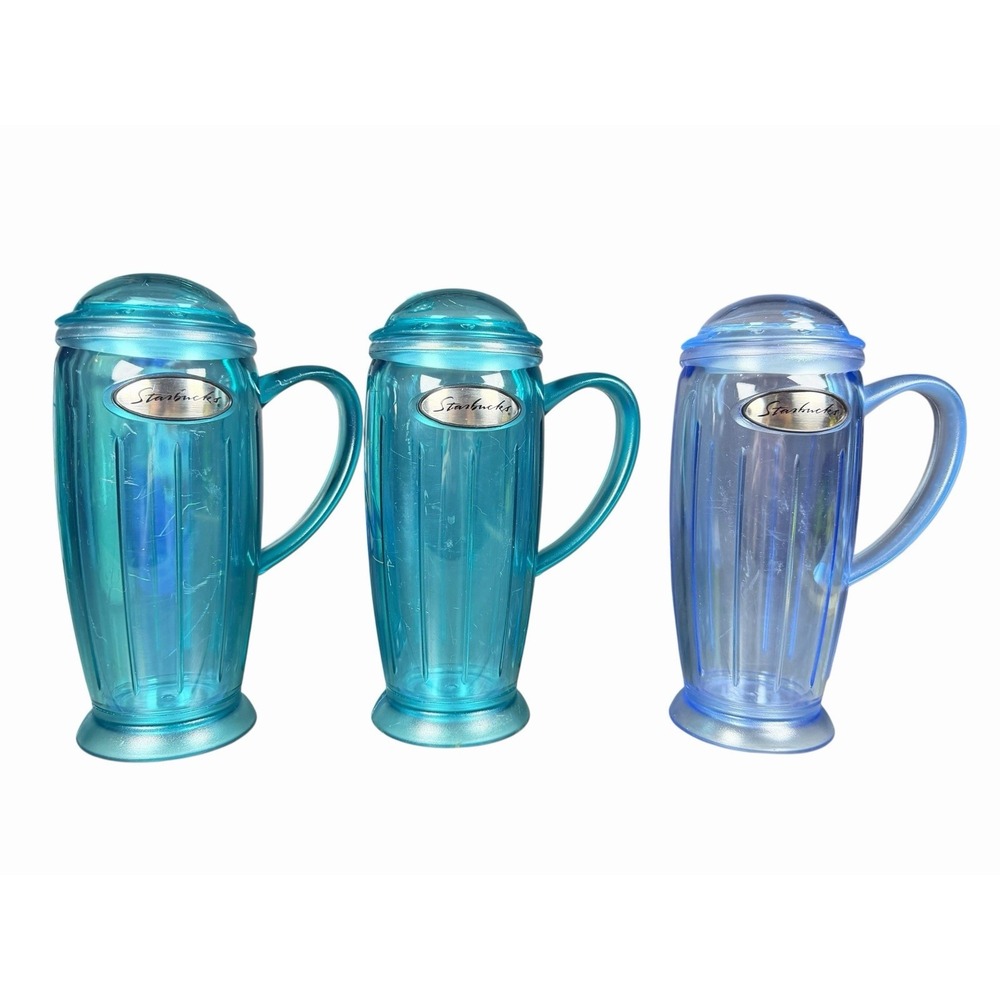 Vintage 2001 Starbucks Barista Rocket‎ Travel Tumbler Lot of 3 Aqua Blue 16 oz